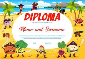 Kids diploma, cartoon vegetable corsair characters vector