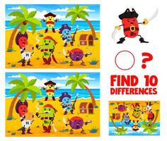 Find differences game with cartoon vitamin pirates vector