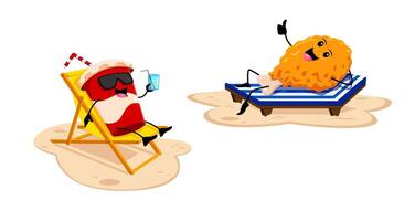Cartoon fast food and drink characters on beach vector