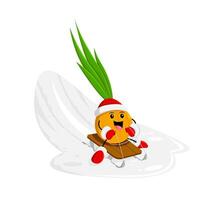 Cartoon onion vegetable character sledding on snow vector