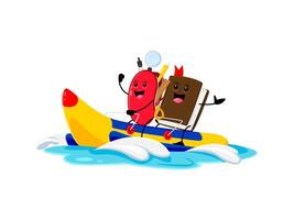 Cartoon pencil case and book on inflatable banana vector