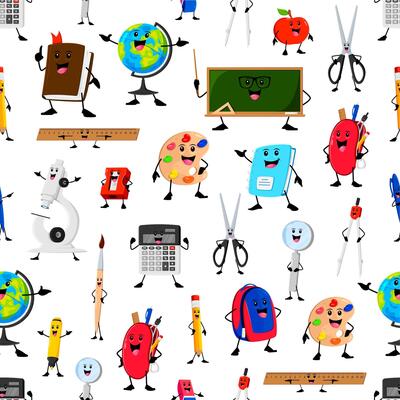 Cheerful funny school stationery seamless pattern