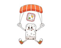 Cartoon retro groovy sushi character on parachute vector