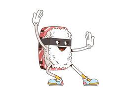 Cartoon retro groovy Japanese sushi character vector