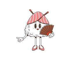 Cartoon retro groovy triangle sushi character vector