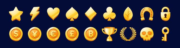 Golden icons game asset. gui or ui set vector