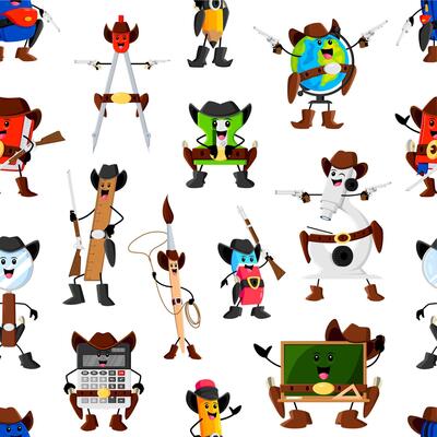 Cartoon school supply cowboy seamless pattern
