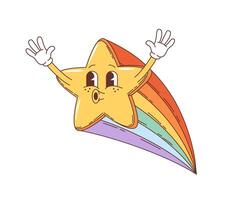 Cartoon groovy star character with colorful trail vector
