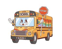 Cartoon retro groovy yellow school bus character vector