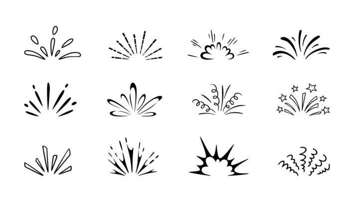 Cartoon spark effects, isolated energy bursts set