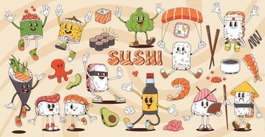Cartoon retro groovy sushi and roll characters vector