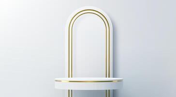 White podium with arch, golden frame stage display vector