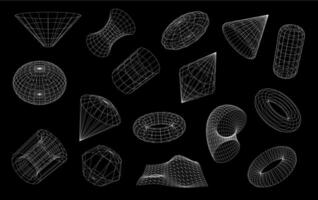 3D wireframe shapes and wire mesh grid forms vector