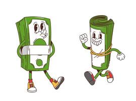 Retro groovy rolled banknotes money characters vector