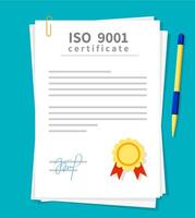 ISO certificate, 9001 document with a gold seal vector
