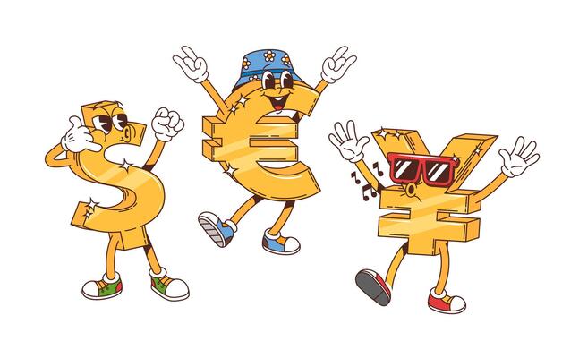 Retro groovy dollar, euro and yen sign characters