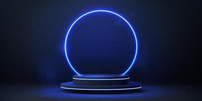 Podium stage with neon glow frame, 3d scene vector