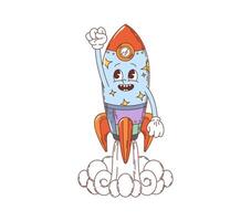 Cartoon groovy space rocket character launch vector
