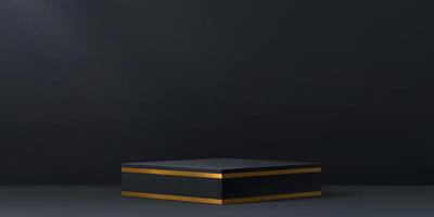 Cube black podium pedestal stage with golden frame vector