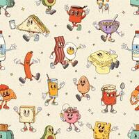 Retro groovy breakfast characters seamless pattern vector
