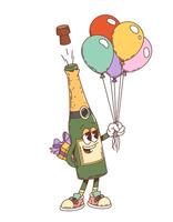Retro groovy holiday sparkling wine character vector