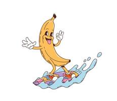 Retro groovy banana on surfboard riding a wave vector