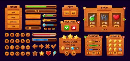 Wooden game interface, gui buttons and panels vector