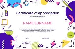 Certificate template with abstract memphis shapes. vector
