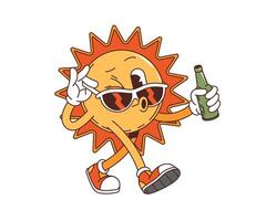 Retro groovy sun character with juice drink bottle vector