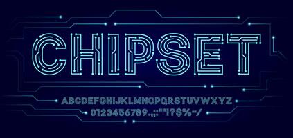 Tech circuit font and computer motherboard type vector