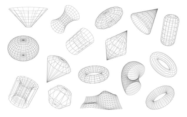 3d Wireframe shapes, geometric volumetric figures