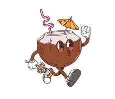 Retro groovy coconut drink character with a straw vector