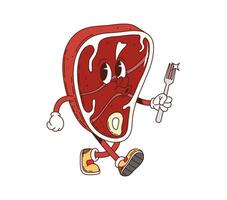 Steak retro groovy barbeque grill meat character vector