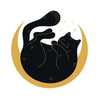 Fat black cat is lying on a crescent curled up. illustration vector