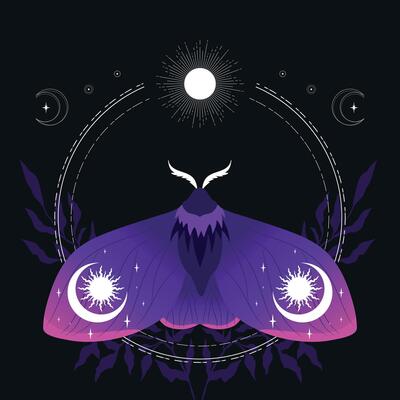 Celestial background with purple moth, sun and crescent moon. illustration