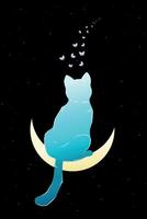 Celestial art with a cat sitting on a crescent and watching flying butterflies. illustration vector