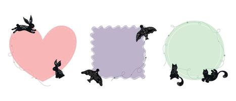 Set of templates decorated with animal silhouettes drawn in boho style. Heart, square and circle shaped templates vector