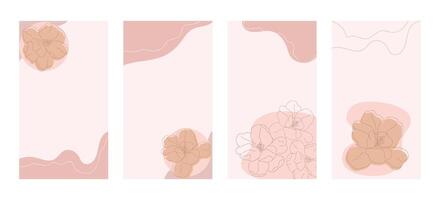 Abstract social media creative templates set. Post and story backgrounds with flowers outline and shapes in pastel colors. Editable. illustration vector