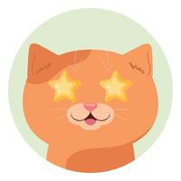 Cartoon red tabby cat with stars in his eyes. The cat is delighted and looks at the object of adoration. illustration vector