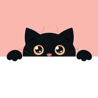 Cute black peeking cat. Curious cat with big yellow eyes is looking out of the table. Empty space for text. illustration vector