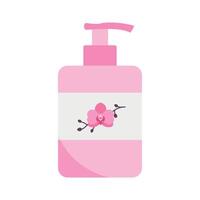 Plastic pump bottle for cosmetic products like cleansing or shower gel, shampoo, liquid soap, cream or lotion. Bottle with dispenser decorated with an orchid. illustration vector