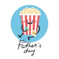 Fathers Day greeting card with a cute popcorn character reading book to a child. Dad and kid together. illustration vector