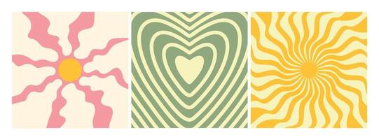 Groovy retro backgrounds. Sun with rays, heart and flower. Hippie 60s, 70s style. illustration vector