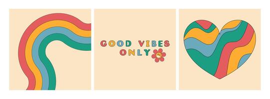 Good vibes only slogan groovy backgrounds set. Wavy heart. Bright rainbow. 70 s Hippie retro style. illustration vector