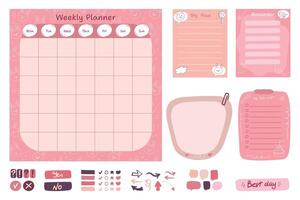 Cute Weekly planner with bunny pattern, to do list and reminder notes. Stickers and bookmarks. illustration vector