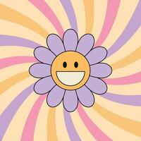 Groovy background with smiling daisy flower and swirl sunburst rays. 70 s Hippie retro style. illustration vector