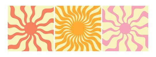 Groovy retro sunburst set. Groovy sun with twisted and distorted rays. Hippie 60s, 70s style. illustration vector