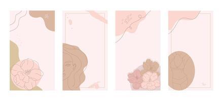 Abstract social media creative templates set. Post and story backgrounds with female face and body and different shapes. Editable vector