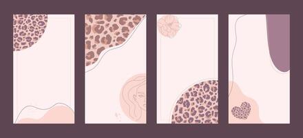 Abstract social media creative templates set. Post and story backgrounds with female face and shaped decorated with leopard print. Editable vector
