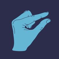 Measuring hand isolated on blue background. Human hand showing size gesture. Hand showing small amount. illustration vector